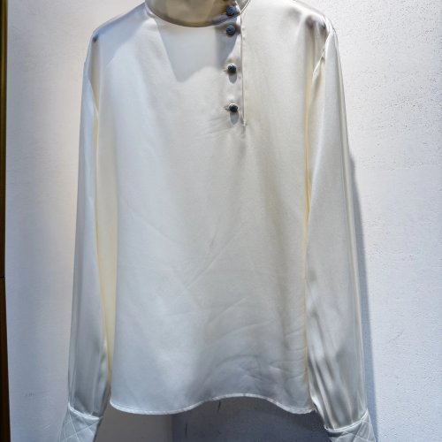 Áo sơ mi/blus nữ trắng thanh lịch tay dài cổ trụ (mao), họa tiết hoa, cài khuy trước, nhẹ và thoáng mát cho mùa xuân/hè
