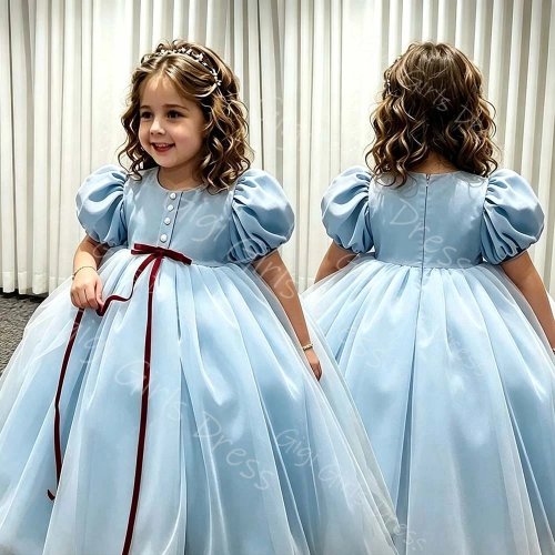 子供用プリンセスドレス（フラワーガール）結婚式用 2〜14歳向け ハイウエスト・半袖・リボン付き。ファーストコミュニオン・発表会・パーティー用、オーダー可