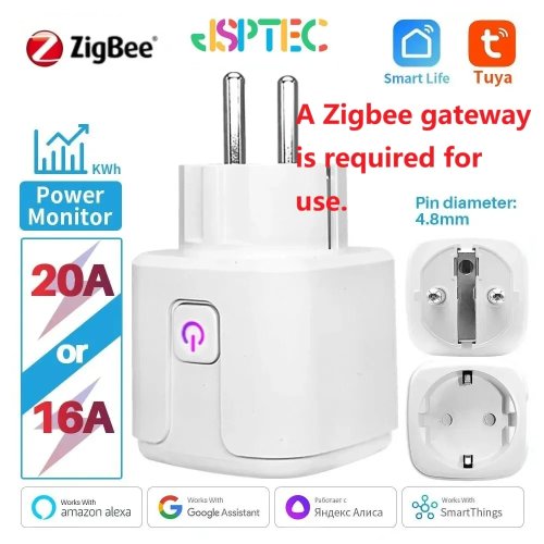 Inteligentne gniazdko Tuya Zigbee 20A (EU) z pomiarem zużycia, timerem i sterowaniem głosowym dla Alexa, Google Home, Yandex
