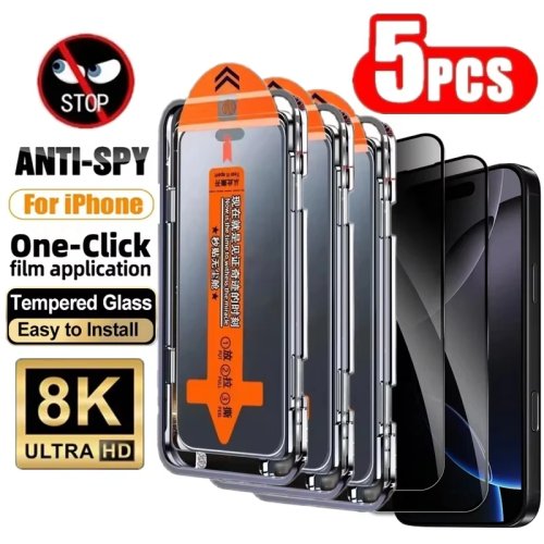 Lot de 5 protections d'écran en verre trempé avec filtre vie privée pour iPhone 11/12/13/14/15/16/17 (Pro/Pro Max/Plus/Mini/XR) – anti-espionnage, pose sans poussière