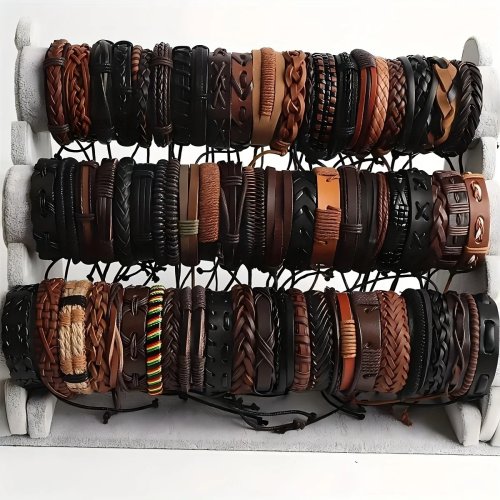 Set 20 braccialetti intrecciati in pelle con perline in legno — bracciale wrap etnico in corda di canapa, unisex, fatto a mano