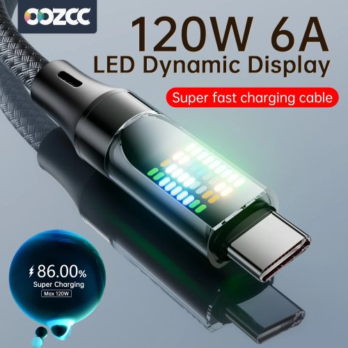 Kabel OOZCC USB-A→USB-C 120W 6A pleciony (nylon) z wyświetlaczem LED, szybkie ładowanie, do Xiaomi i Samsung