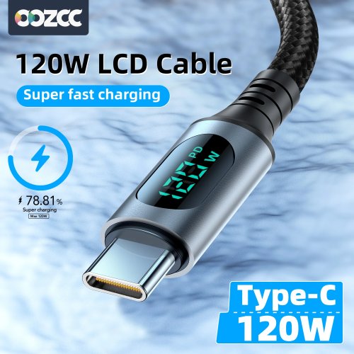 Kabel USB-A→USB-C do szybkiego ładowania 6A/120W, pleciony nylon, cyfrowy wyświetlacz LED — kompatybilny z Xiaomi/Redmi/Samsung