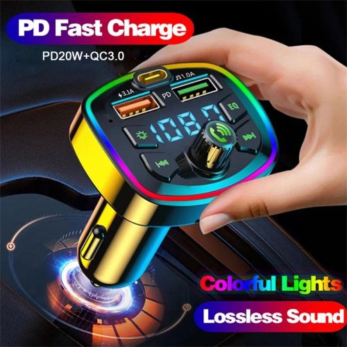 Bluetooth 5.0 FM-Transmitter für Auto mit Freisprechmikrofon, MP3-Player und 2×USB 2,1A Schnellladegerät
