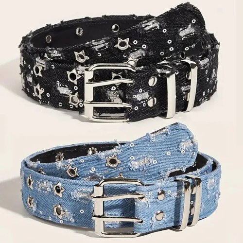 Y2K Punk Star Cut-Out Pin-Buckle Belt — Black / Blue Denim, Unisex Hip‑Hop Fashion Waist Belt