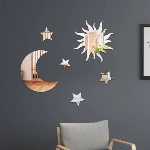 Ster & Maan spiegelwandstickers van acryl, zelfklevende DIY-wanddecoratie voor slaapkamer en woonkamer