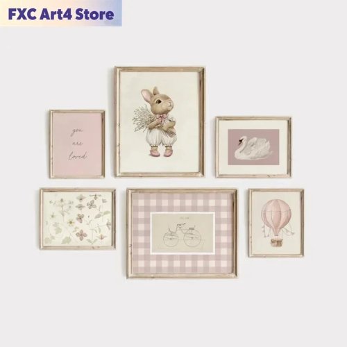프레임 없는 핑크 미니멀 캔버스 아트 — 토끼·백조, 꽃무늬와 텍스트, 아이방·기숙사·홈 인테리어 벽 장식