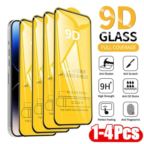 กระจกนิรภัย 9D กันรอยสำหรับ iPhone (ชุด 1–4 ชิ้น) — รองรับ iPhone 16, 15/15 Plus, 14, 13, 12, 11, XR, X, XS/XS Max, Pro Max
