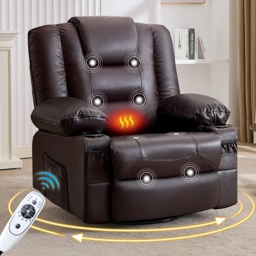 Brown oversized recliner armchair with massage & heat, 360° swivel, cup holders, USB charging port, side pockets — living room/bedroom/nursery