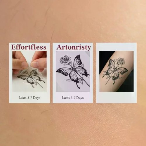 Waterproof Butterfly & Rose Temporary Tattoo Stickers — 1 Sheet, Black & White Realistic Body Art, Up to 15 Days