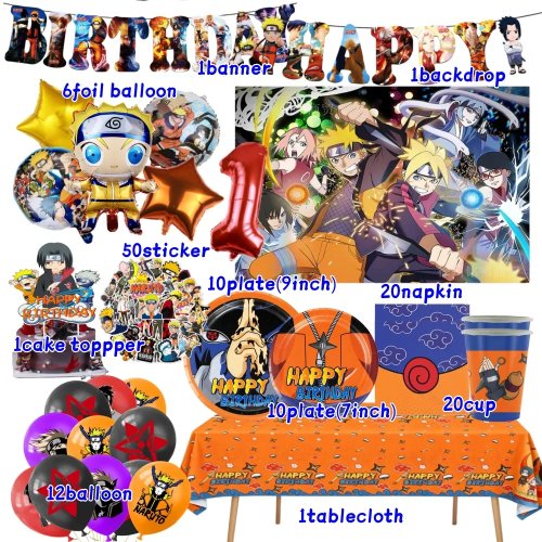 ชุดตกแต่งปาร์ตี้ Naruto 132 ชิ้น — จาน แก้ว ลูกโป่ง ธงตกแต่ง และของชำร่วย