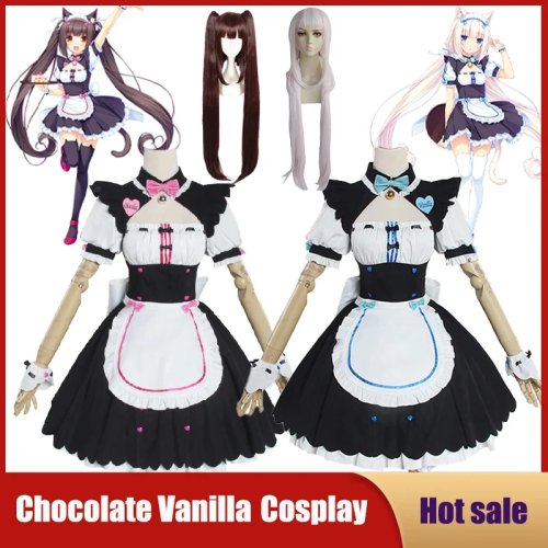 Disfraz cosplay NEKOPARA Chocolate & Vanilla — Vestido maid neko estilo Lolita con peluca y orejas de gato, para mujer, Halloween/Cosplay