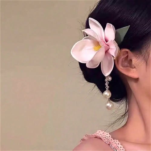 Horquilla rosa con magnolia, perla y borla — clip de pelo estilo chino para mujer