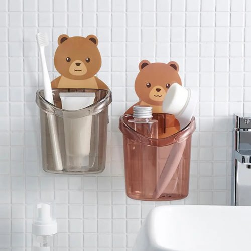 Porte‑brosses mural en forme d'ours avec évacuation — gobelet organiseur pour brosses et dentifrice
