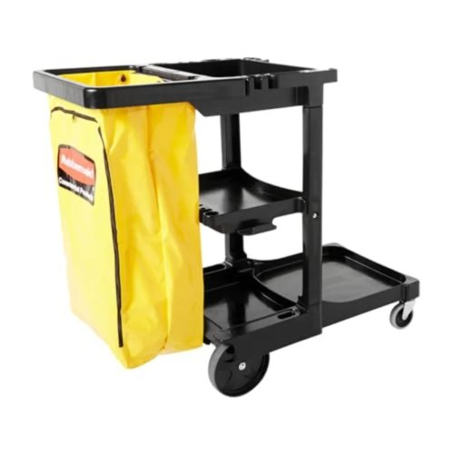 Chariot de nettoyage Rubbermaid Commercial 3 étagères avec sac vinyle jaune zippé — chariot de nettoyage à roulettes pour usage professionnel