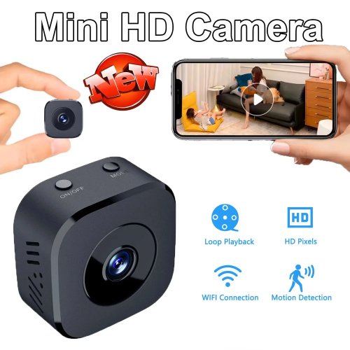 Telecamera di sorveglianza mini HD — Visione notturna a colori, Wi‑Fi, impermeabile, rilevamento movimento, per casa smart
