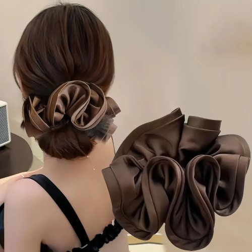 Scrunchie satinado con lazo grande estilo coreano — liga elástica suave para cabello para mujer