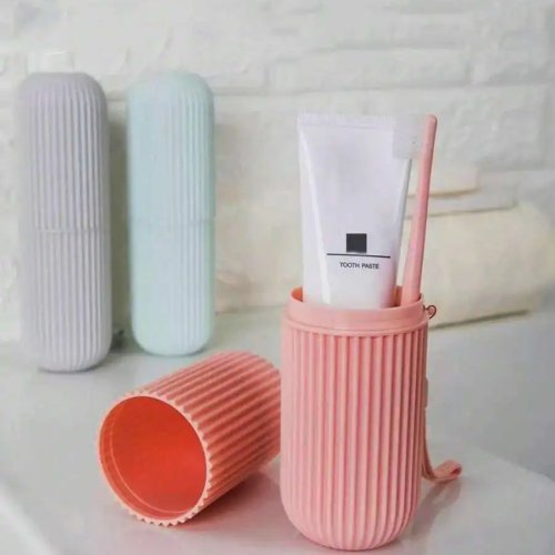 Portable travel toothbrush & toothpaste case set with lidded rinse cup — toothbrush storage box