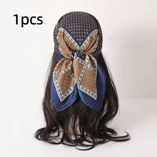Pañuelo cuadrado de satén y seda para mujer, azul marino, suave y ligero, para cabeza y cuello, estilo coreano elegante
