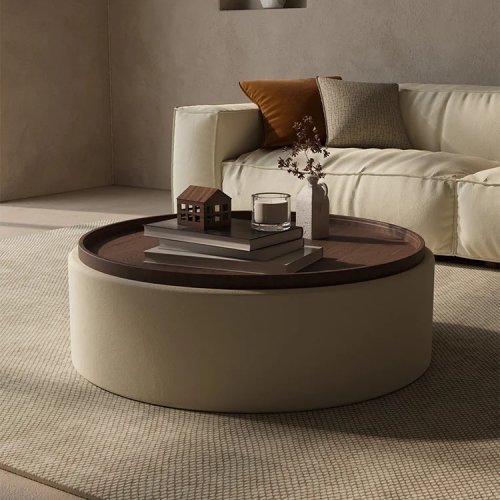 Tavolino da caffè rotondo stile francese color crema con contenitore — tavolo da tè di design di lusso per soggiorno