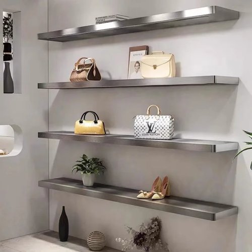 Expositor de pared en acero inoxidable para zapatos y bolsos, estantería multinivel en forma de I — escaparate tienda / fondo para directos