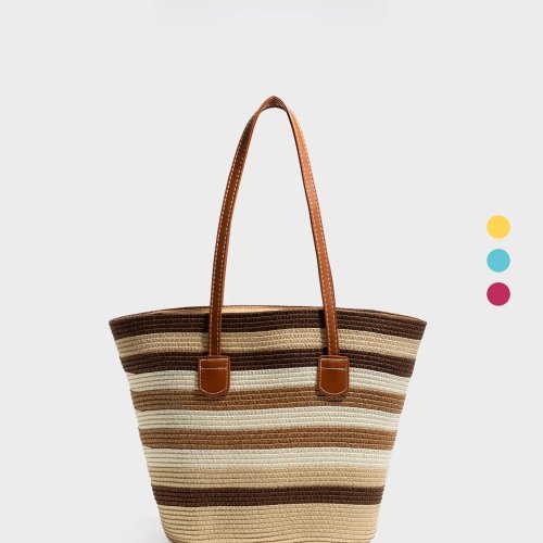 Tas tote pantai anyaman bergaris wanita kapasitas besar, oranye — tas bahu dengan resleting dan detail PU, gaya liburan