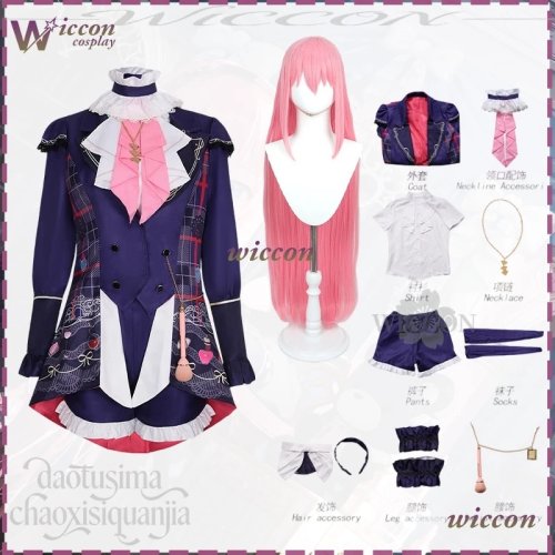 Luka cosplay set – donker Gothic Lolita-jurkje met motief en lange roze pruik, geschikt voor Project Sekai, voor Halloween/Kerst