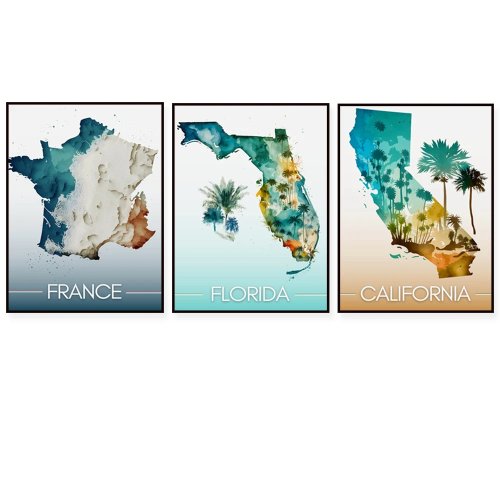 Canvas Map Poster - Florida, New Zealand, California, Australia, France - Travel Wall Art for Living Room