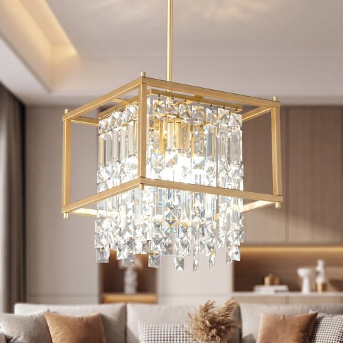 Lampadario moderno oro con cristalli K9, forma quadrata, catena regolabile — per sala da pranzo, soggiorno, isola cucina