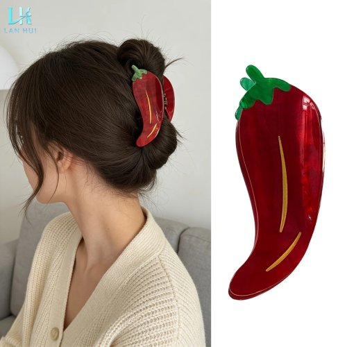 アセテート製 赤いチリペッパー ヘアクリップ（ポニーテール用）— レディース用の可愛い野菜モチーフ