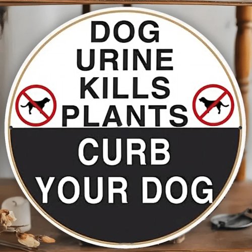 Round Metal Tin Sign - "Dog Urine Kills Plants" Outdoor Pet Warning Wall Plaque for Garden/Home