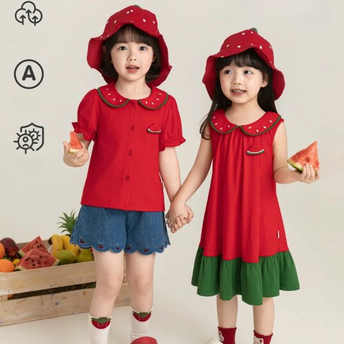 Vestido de verano para niña pequeña con estampado de sandía, algodón, top tipo muñeca de manga corta, suelto y fresco al tacto