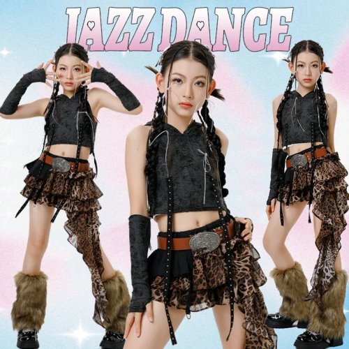 Conjunto de dança para menina Hip-Hop/K-Pop/Jazz – top e saia com padrão leopardo, fato de palco