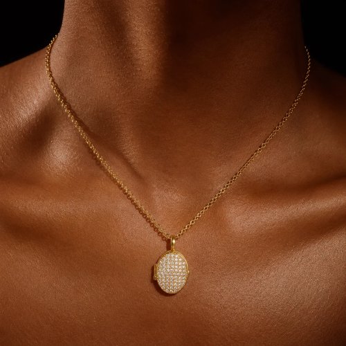 Kalung choker oval berhiaskan pavé zircon (CZ), berlapis emas 18K, dapat dibuka — Perhiasan wanita, hadiah