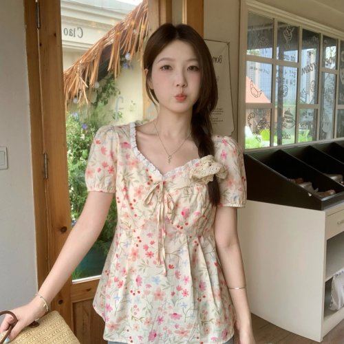 여성 빅사이즈 반팔 플라워 셔츠, 허리 벨트 포함 슬림 연출용 - 한국식 여름 스타일