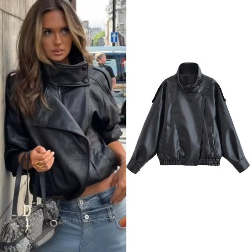 Veste femme automne 2025 – Blouson biker en simili cuir grainé noir, manches longues