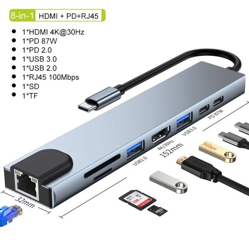 Hub USB-C 8 en 1 (también 7 en 1) - HDMI 4K, Ethernet RJ45, Lector de tarjetas SD/TF, Carga rápida PD para MacBook y portátiles