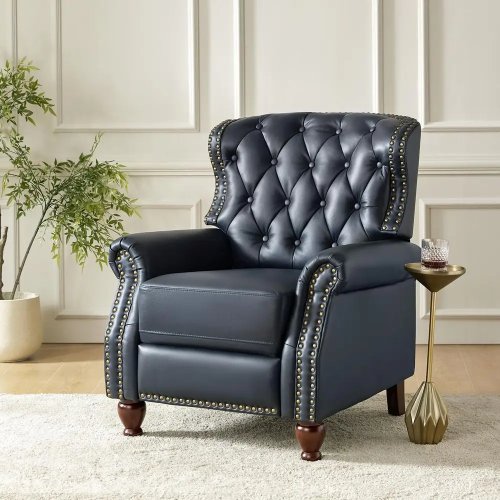 Poltrona reclinável em pele genuína com pés em madeira maciça, poltrona ajustável push-back capitonê com tachas decorativas — para home theater