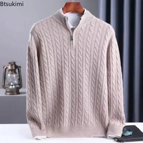 Pull homme en maille chaud, col montant zippé, motif jacquard, manches longues — Automne/Hiver