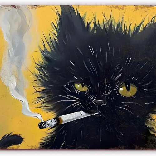Placa metálica de gato divertido – Cartel vintage negro de hojalata para baño y hogar