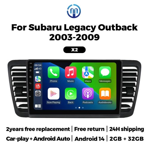 Autoradio 2DIN Android 14 con Apple CarPlay senza fili per Subaru Outback/Legacy 2003–2009 — 2GB RAM, 32GB ROM