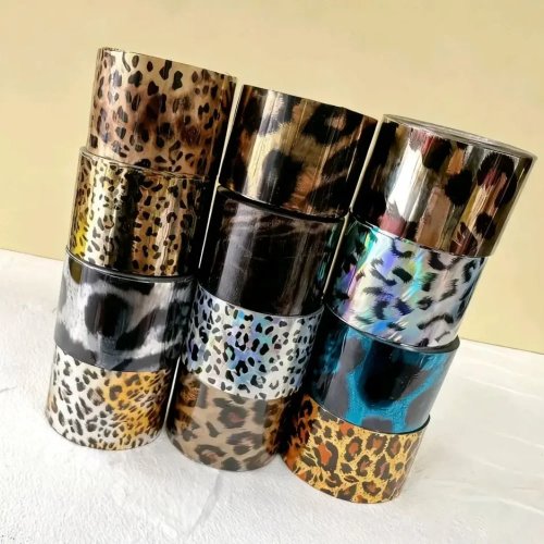 Rollo de foil para estampado en caliente 4 cm x 120 m – Estampado leopardo multicolor para plástico, metal, cuero, papel, madera y señuelos de pesca