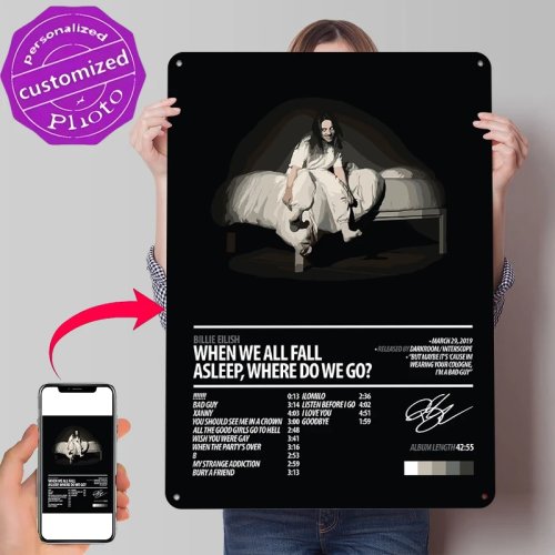 Metalowa tablica z okładką albumu Billie Eilish — retro/vintage plakat na ścianę, możliwość personalizacji, dekoracja pokoju/man cave