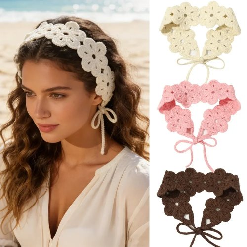 Bandeau crochet fleur bohème uni – Bandeau cheveux femme (1 pièce)
