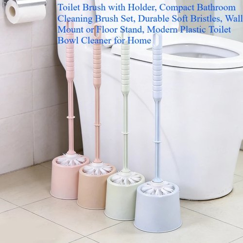 Cepillo para WC con soporte — Set compacto para baño, cerdas suaves y duraderas, montaje en pared o de pie, limpiador de inodoro de plástico moderno