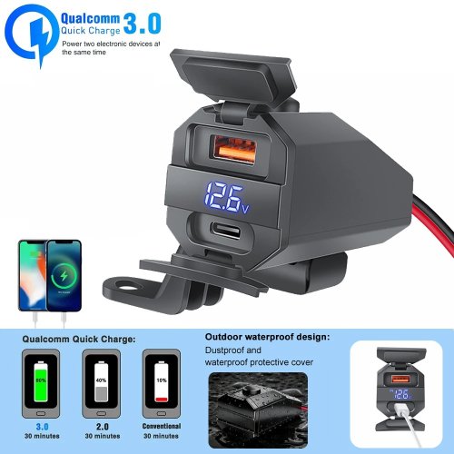 شاحن USB للدراجة النارية PD+QC3.0 بقوة 100 واط، منفذا USB مزدوجان لمقود الدراجة مع مقياس فولت رقمي، مقاوم للماء، محول طاقة 12 فولت