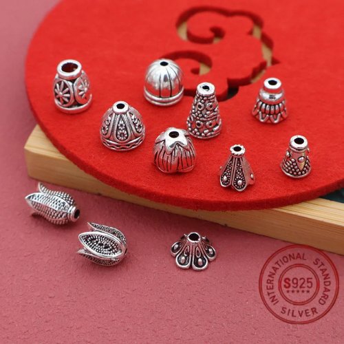 1 pack tutup manik warna perak antik, berbagai model, penutup akhir/untuk rumbai, untuk perhiasan DIY (anting, gelang)