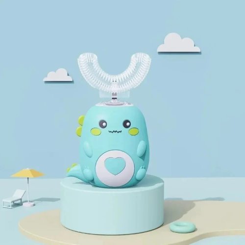 Escova de dentes elétrica infantil em U em silicone grau alimentício, limpeza 360° automática, recarregável por USB, cuidados orais inteligentes