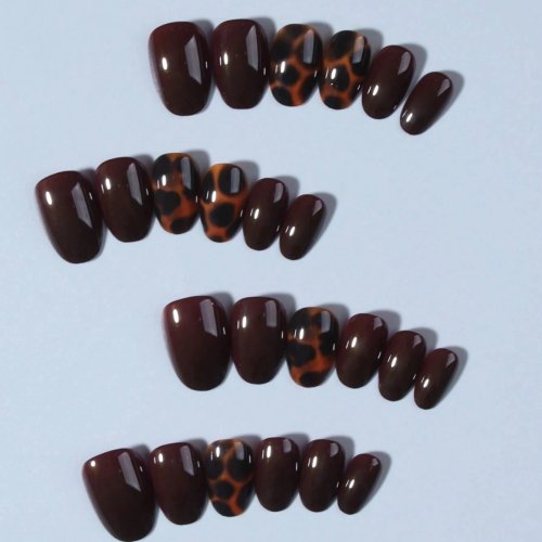 Set de uñas postizas press-on – cortas/medianas/largas, forma almendra y bailarina, otoño/invierno, café, leopardo, verde, azul con borde rojo
