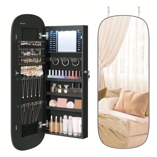 Armoire à bijoux LED verrouillable, fixation murale/porte, miroir arrondi pleine longueur avec rangement, 3,9 x 16 pouces